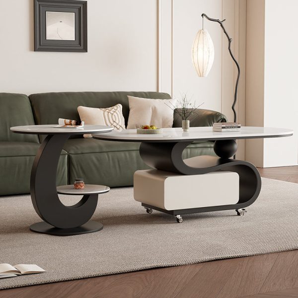 Contemporary Nordic Rock Slab & Carbon Steel Oval Coffee Table With 1-Drawer For Living Room And Bedroom - Image 10
