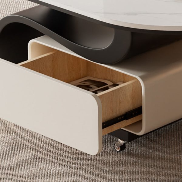Contemporary Nordic Rock Slab & Carbon Steel Oval Coffee Table With 1-Drawer For Living Room And Bedroom - Image 5