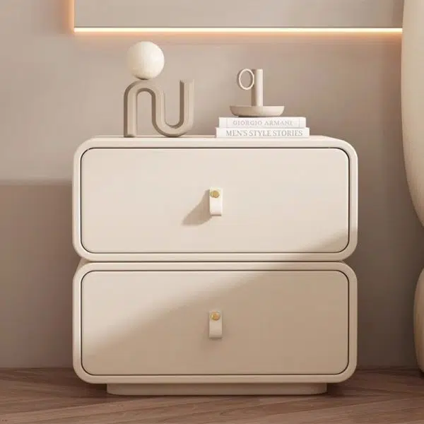 Contemporary Nordic Microfiber Leather & Plank Square Nightstand With 2 Drawers For Bedroom And Living Room - Image 3