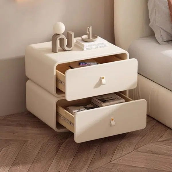 Contemporary Nordic Microfiber Leather & Plank Square Nightstand With 2 Drawers For Bedroom And Living Room - Image 9