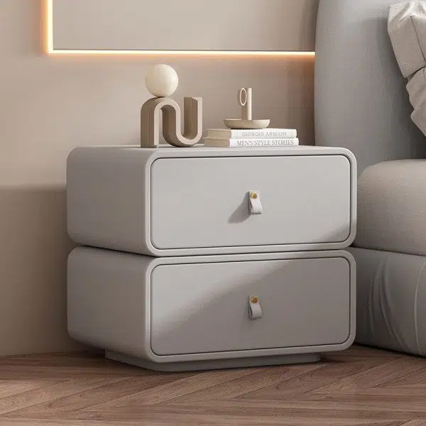 Contemporary Nordic Microfiber Leather & Plank Square Nightstand With 2 Drawers For Bedroom And Living Room - Image 15
