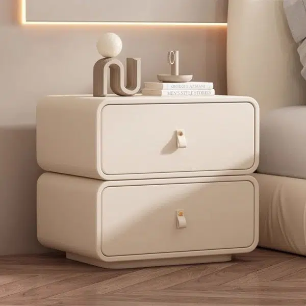 Contemporary Nordic Microfiber Leather & Plank Square Nightstand With 2 Drawers For Bedroom And Living Room - Image 14