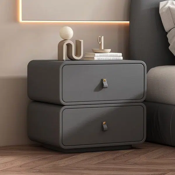 Contemporary Nordic Microfiber Leather & Plank Square Nightstand With 2 Drawers For Bedroom And Living Room - Image 16