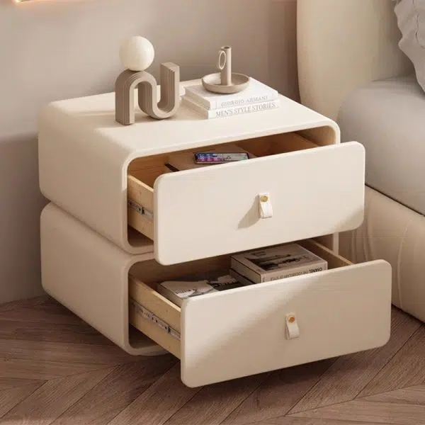 Contemporary Nordic Microfiber Leather & Plank Square Nightstand With 2 Drawers For Bedroom And Living Room - Image 13