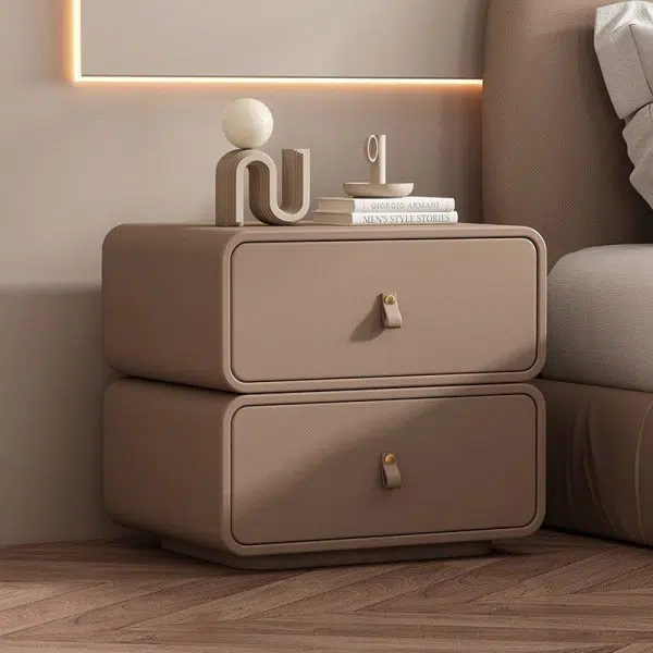 Contemporary Nordic Microfiber Leather & Plank Square Nightstand With 2 Drawers For Bedroom And Living Room - Image 2