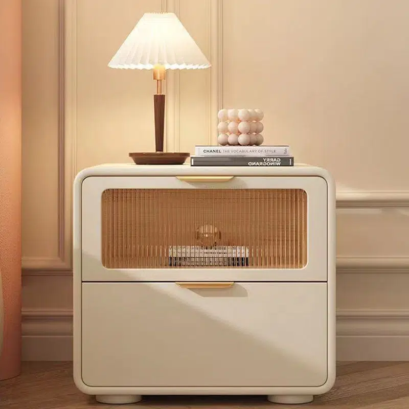 DFM-Table-BM01673-1.jpg Contemporary Nordic Microfiber Leather, Wood & Glass Square Nightstand With 2 Drawers For Bedroom And Living Room - Image 1