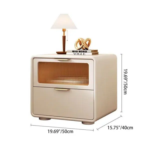 Contemporary Nordic Microfiber Leather, Wood & Glass Square Nightstand With 2 Drawers For Bedroom And Living Room - Image 9