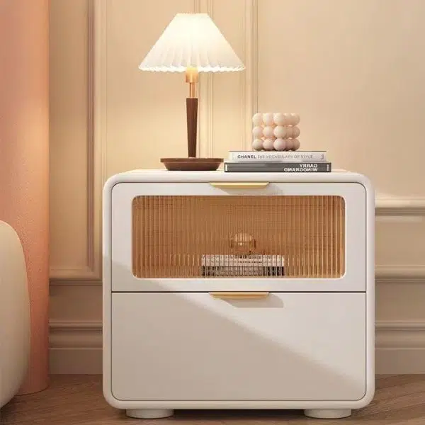 Contemporary Nordic Microfiber Leather, Wood & Glass Square Nightstand With 2 Drawers For Bedroom And Living Room - Image 14