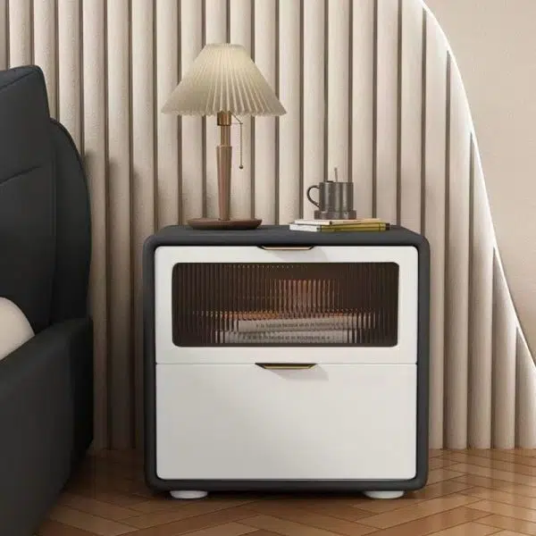 Contemporary Nordic Microfiber Leather, Wood & Glass Square Nightstand With 2 Drawers For Bedroom And Living Room - Image 12