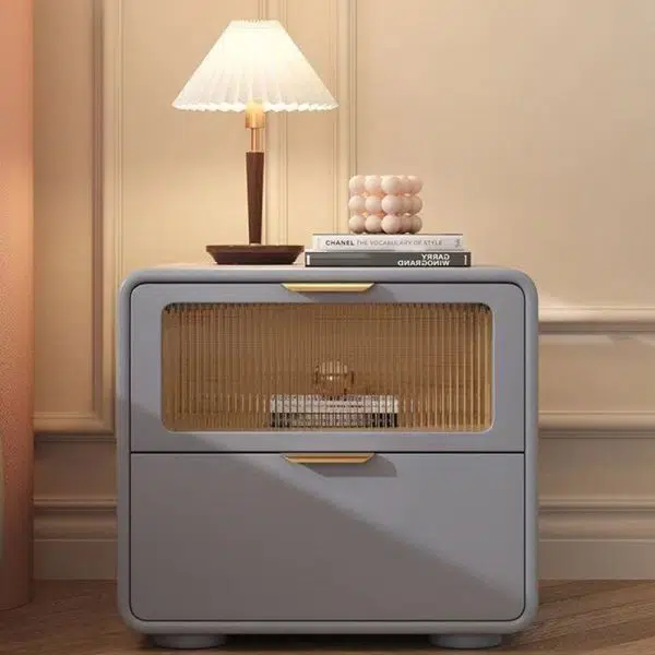 Contemporary Nordic Microfiber Leather, Wood & Glass Square Nightstand With 2 Drawers For Bedroom And Living Room - Image 3