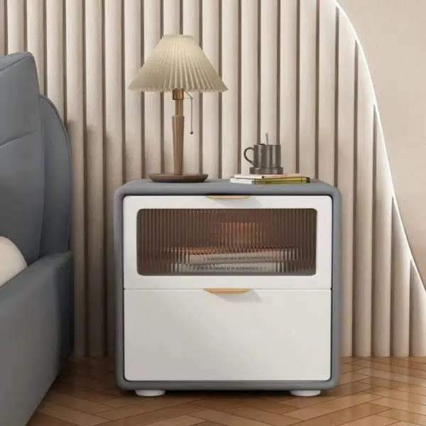 Contemporary Nordic Microfiber Leather, Wood & Glass Square Nightstand With 2 Drawers For Bedroom And Living Room - Image 11