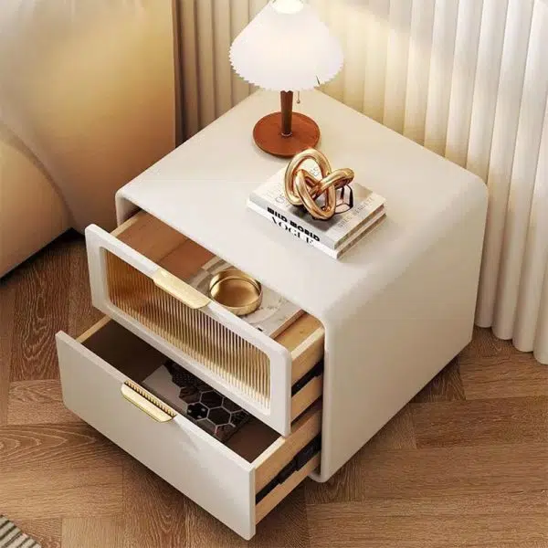 Contemporary Nordic Microfiber Leather, Wood & Glass Square Nightstand With 2 Drawers For Bedroom And Living Room - Image 6
