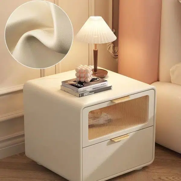 Contemporary Nordic Microfiber Leather, Wood & Glass Square Nightstand With 2 Drawers For Bedroom And Living Room - Image 2