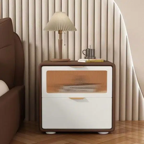 Contemporary Nordic Microfiber Leather, Wood & Glass Square Nightstand With 2 Drawers For Bedroom And Living Room - Image 16