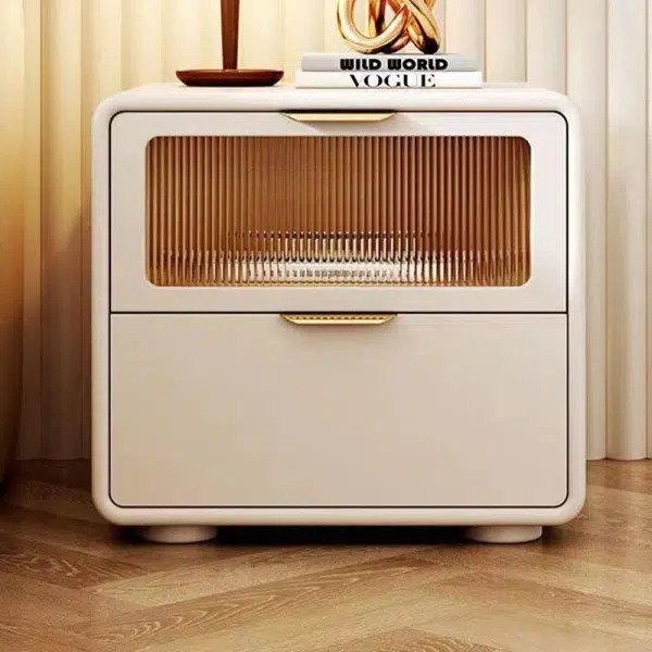 Contemporary Nordic Microfiber Leather, Wood & Glass Square Nightstand With 2 Drawers For Bedroom And Living Room - Image 18