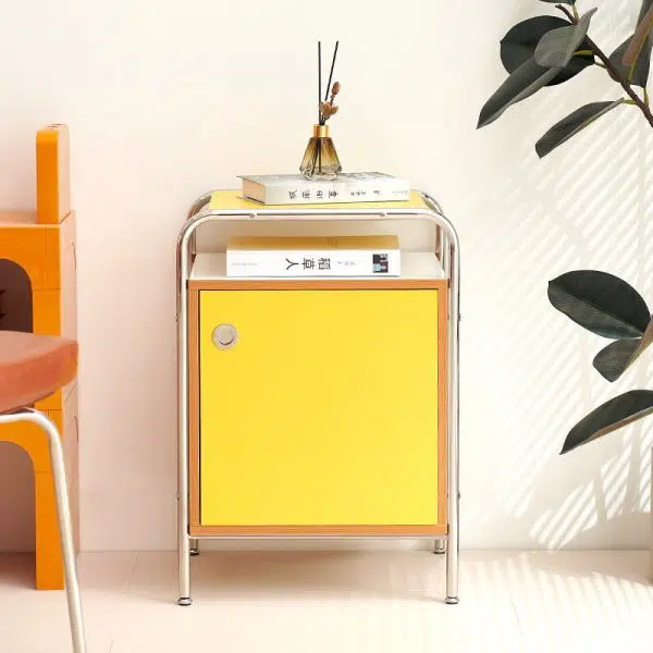 Contemporary Nordic Plank & Stainless Steel Rectangular Nightstand With 1-Cabinet For Bedroom And Living Room - Image 3