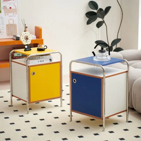 Contemporary Nordic Plank & Stainless Steel Rectangular Nightstand With 1-Cabinet For Bedroom And Living Room - Image 9