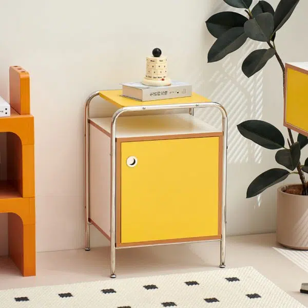 Contemporary Nordic Plank & Stainless Steel Rectangular Nightstand With 1-Cabinet For Bedroom And Living Room - Image 12