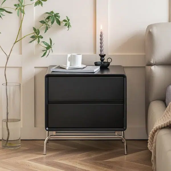 Contemporary Nordic Wood & Stainless Steel Rectangular Nightstand With 2 Drawers For Bedroom & Living Room - Image 11