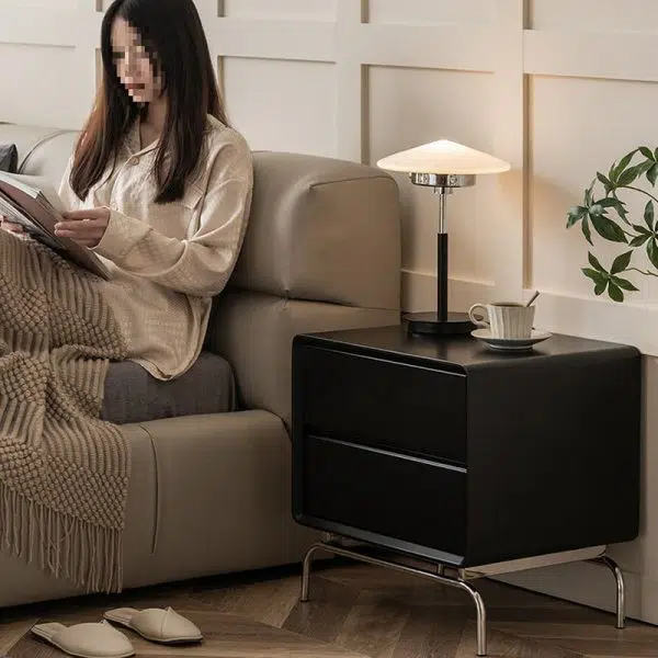 Contemporary Nordic Wood & Stainless Steel Rectangular Nightstand With 2 Drawers For Bedroom & Living Room - Image 12