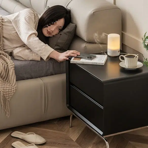 Contemporary Nordic Wood & Stainless Steel Rectangular Nightstand With 2 Drawers For Bedroom & Living Room - Image 13