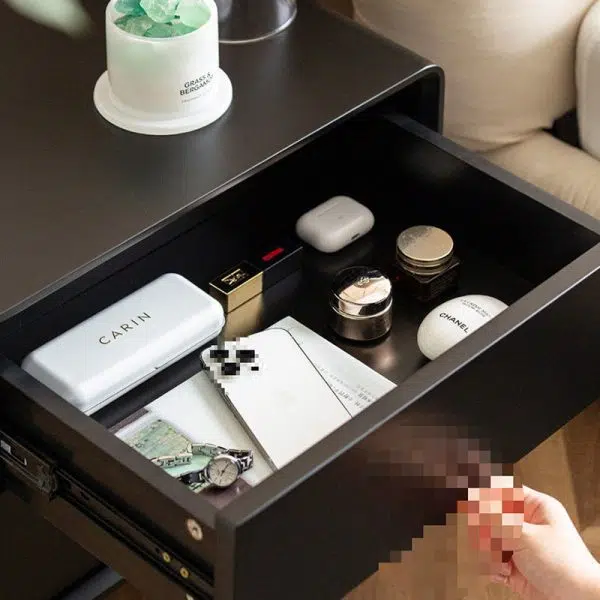 Contemporary Nordic Wood & Stainless Steel Rectangular Nightstand With 2 Drawers For Bedroom & Living Room - Image 8