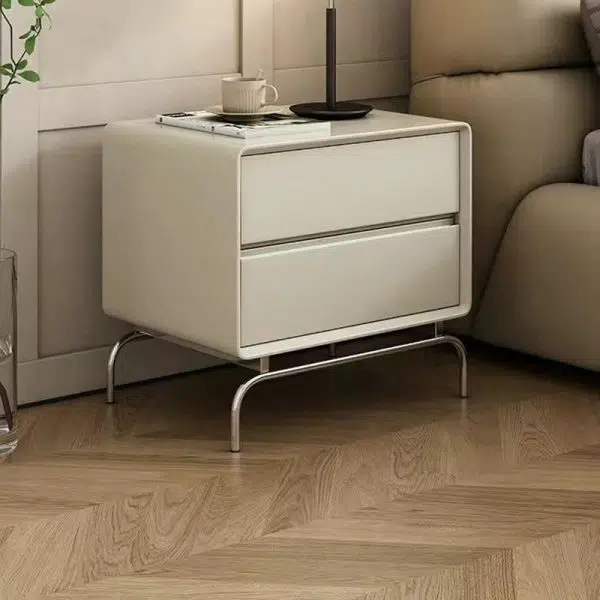 Contemporary Nordic Wood & Stainless Steel Rectangular Nightstand With 2 Drawers For Bedroom & Living Room - Image 2