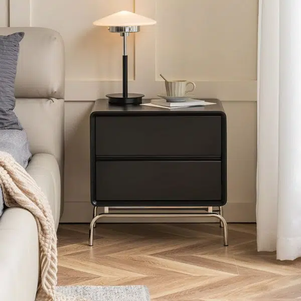 Contemporary Nordic Wood & Stainless Steel Rectangular Nightstand With 2 Drawers For Bedroom & Living Room - Image 3