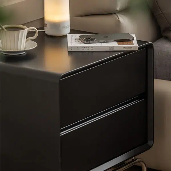 Contemporary Nordic Wood & Stainless Steel Rectangular Nightstand With 2 Drawers For Bedroom & Living Room - Image 9