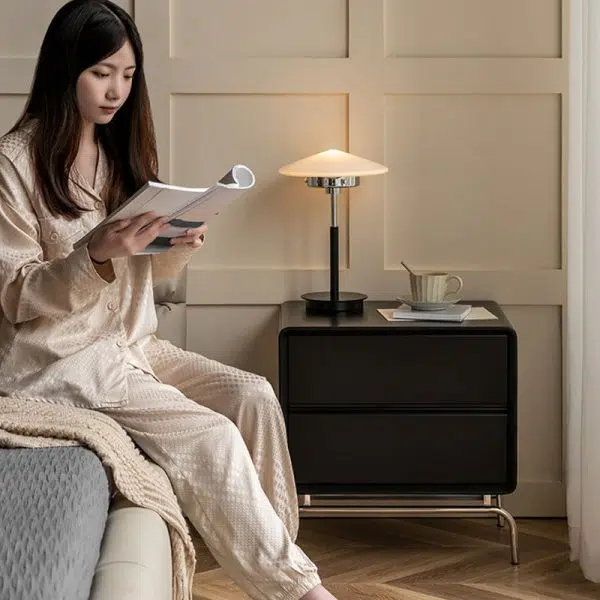 Contemporary Nordic Wood & Stainless Steel Rectangular Nightstand With 2 Drawers For Bedroom & Living Room - Image 10