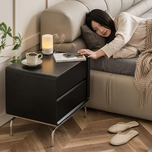 Contemporary Nordic Wood & Stainless Steel Rectangular Nightstand With 2 Drawers For Bedroom & Living Room - Image 14