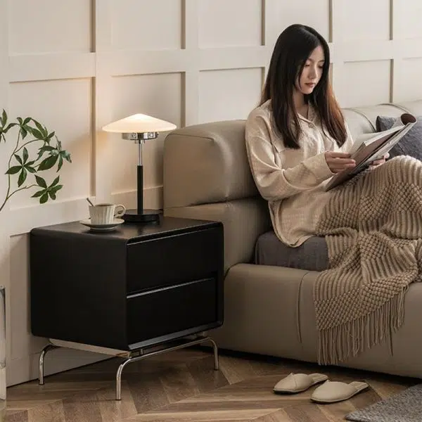 Contemporary Nordic Wood & Stainless Steel Rectangular Nightstand With 2 Drawers For Bedroom & Living Room - Image 15