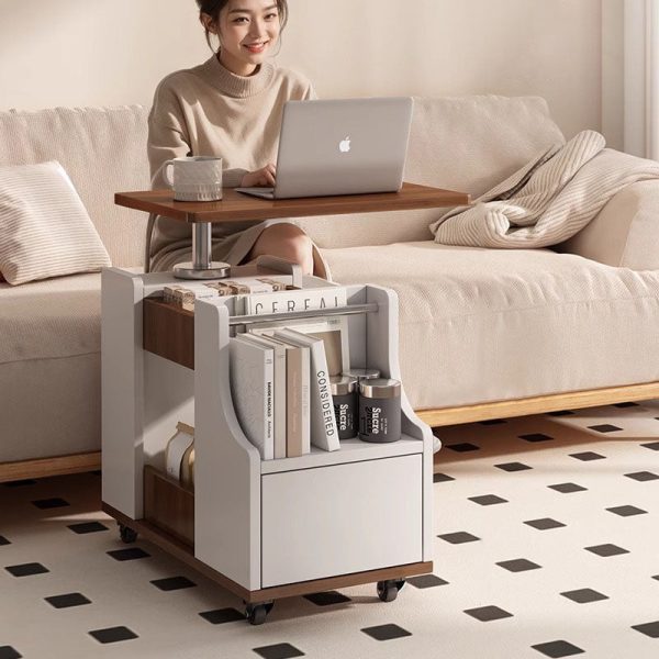 Contemporary Nordic Eco-Board & Stainless Steel Trapezoid Side Table With 1-Drawer And Rotatable Liftable Top For Bedroom & Living Room - Image 11