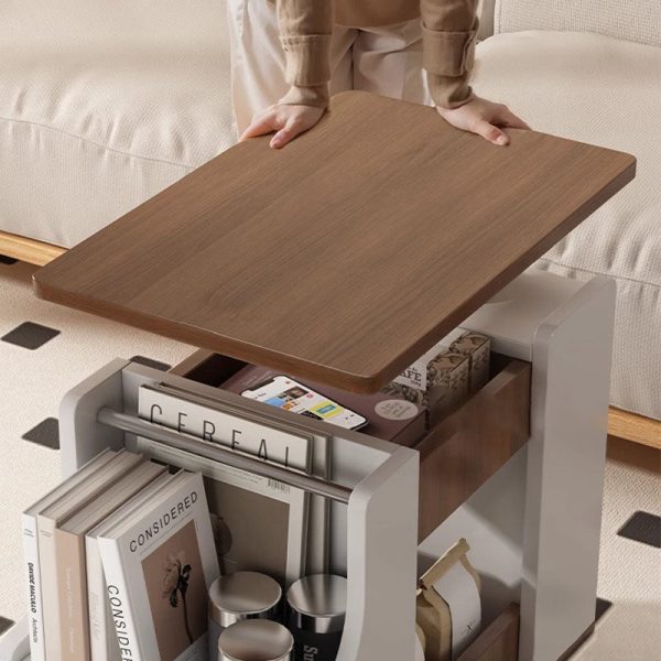 Contemporary Nordic Eco-Board & Stainless Steel Trapezoid Side Table With 1-Drawer And Rotatable Liftable Top For Bedroom & Living Room - Image 7