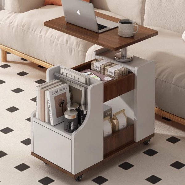 Contemporary Nordic Eco-Board & Stainless Steel Trapezoid Side Table With 1-Drawer And Rotatable Liftable Top For Bedroom & Living Room - Image 2