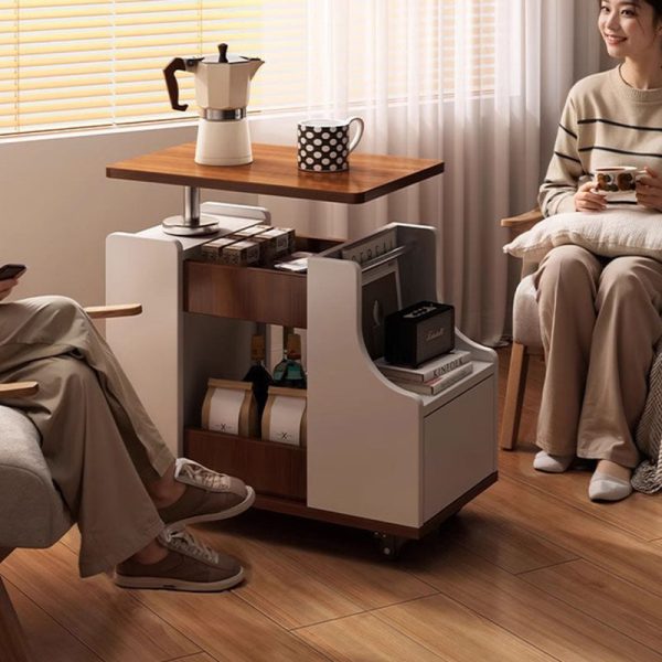 Contemporary Nordic Eco-Board & Stainless Steel Trapezoid Side Table With 1-Drawer And Rotatable Liftable Top For Bedroom & Living Room - Image 9