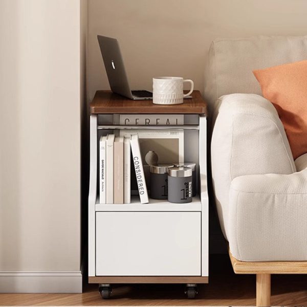 Contemporary Nordic Eco-Board & Stainless Steel Trapezoid Side Table With 1-Drawer And Rotatable Liftable Top For Bedroom & Living Room - Image 10