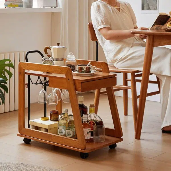 Contemporary Scandinavian Solid Wood Iron Trapezoid Movable End Table 2-Tier For Living Room & Dining Room - Image 14