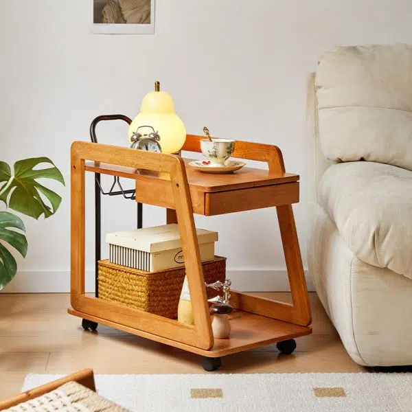 Contemporary Scandinavian Solid Wood Iron Trapezoid Movable End Table 2-Tier For Living Room & Dining Room - Image 15