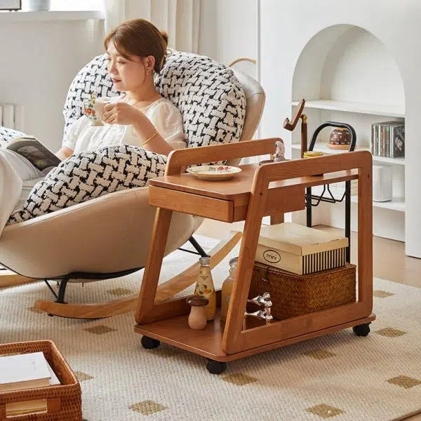 Contemporary Scandinavian Solid Wood Iron Trapezoid Movable End Table 2-Tier For Living Room & Dining Room - Image 16