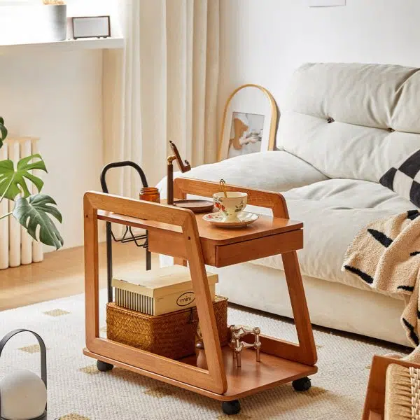 Contemporary Scandinavian Solid Wood Iron Trapezoid Movable End Table 2-Tier For Living Room & Dining Room - Image 3