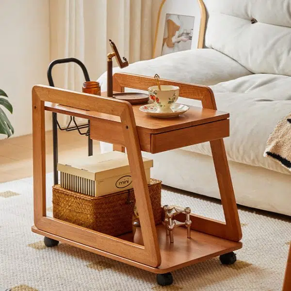 Contemporary Scandinavian Solid Wood Iron Trapezoid Movable End Table 2-Tier For Living Room & Dining Room - Image 19