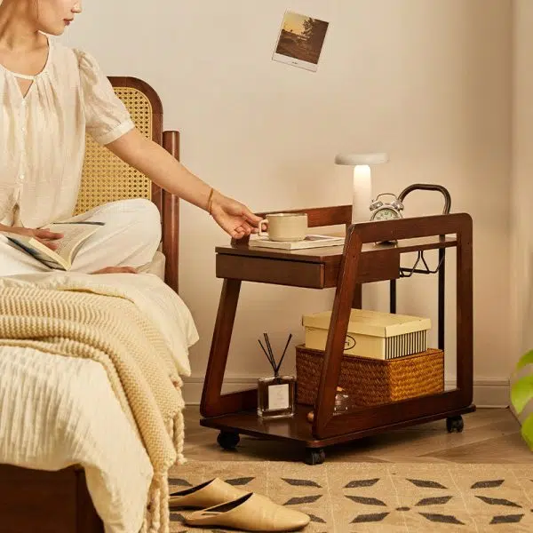 Contemporary Scandinavian Solid Wood Iron Trapezoid Movable End Table 2-Tier For Living Room & Dining Room - Image 12