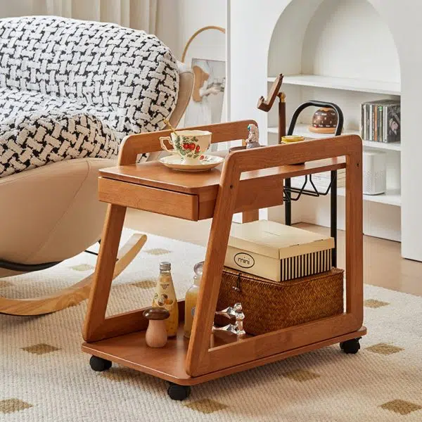 Contemporary Scandinavian Solid Wood Iron Trapezoid Movable End Table 2-Tier For Living Room & Dining Room - Image 20