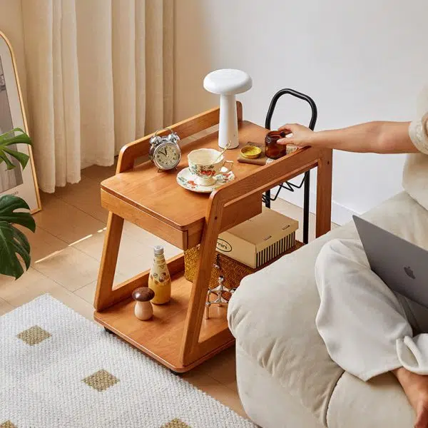 Contemporary Scandinavian Solid Wood Iron Trapezoid Movable End Table 2-Tier For Living Room & Dining Room - Image 21