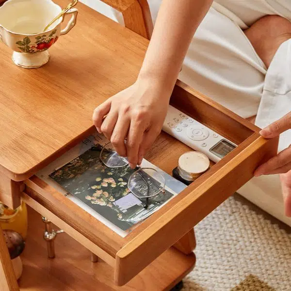 Contemporary Scandinavian Solid Wood Iron Trapezoid Movable End Table 2-Tier For Living Room & Dining Room - Image 9