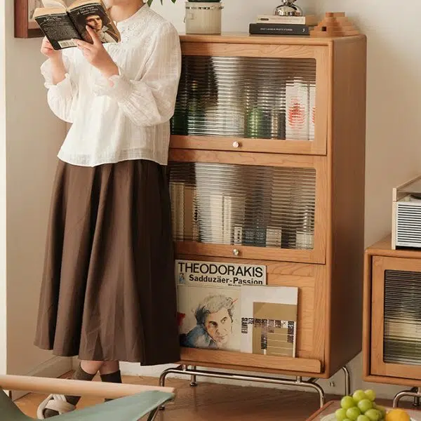 Contemporary Scandinavian Pine Glass Stainless Steel Metal Curved Rectangle Side Table 3-Storage For Living Room & Dining Room - Image 9