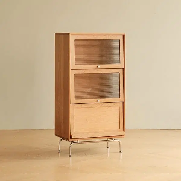 Contemporary Scandinavian Pine Glass Stainless Steel Metal Curved Rectangle Side Table 3-Storage For Living Room & Dining Room - Image 12