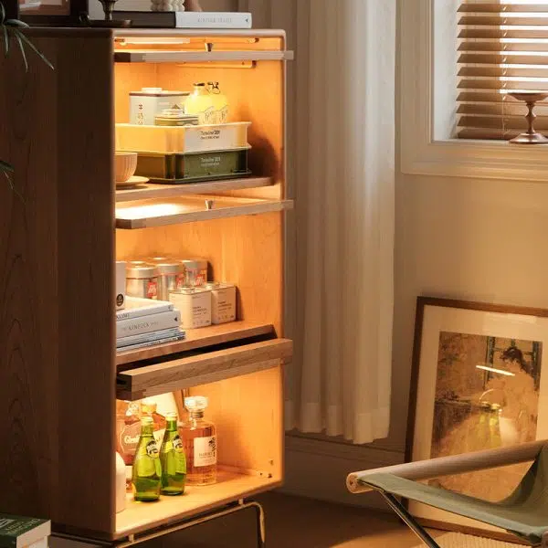 Contemporary Scandinavian Pine Glass Stainless Steel Metal Curved Rectangle Side Table 3-Storage For Living Room & Dining Room - Image 8