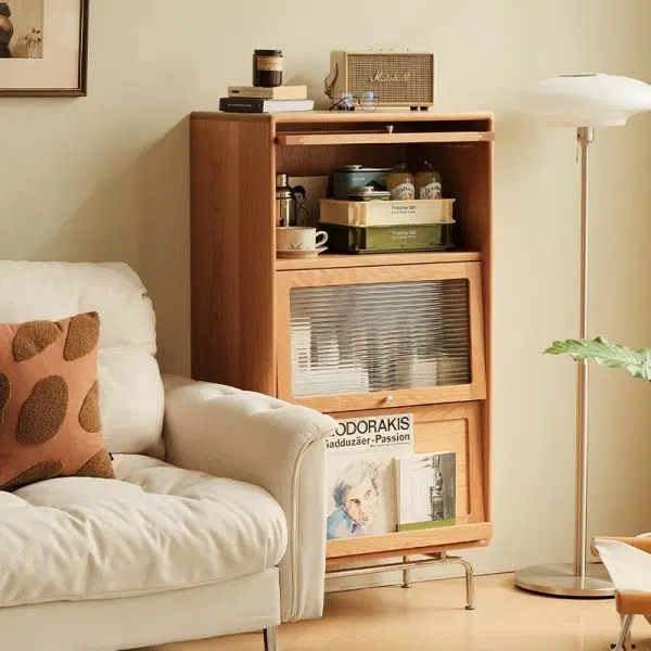 Contemporary Scandinavian Pine Glass Stainless Steel Metal Curved Rectangle Side Table 3-Storage For Living Room & Dining Room - Image 3